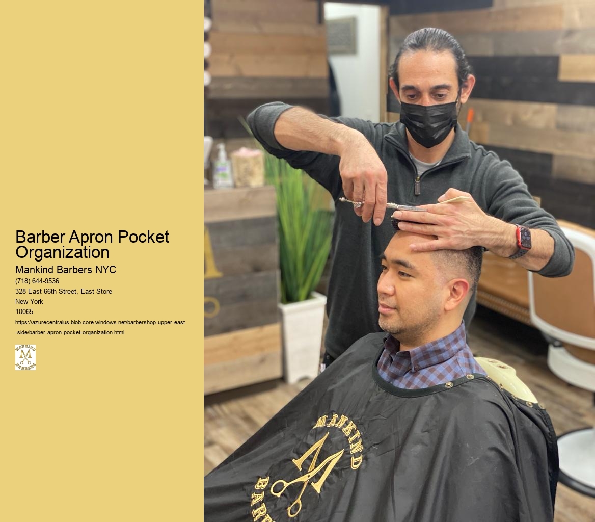 How can a barber apron be designed to securely hold styling products and hair accessories?